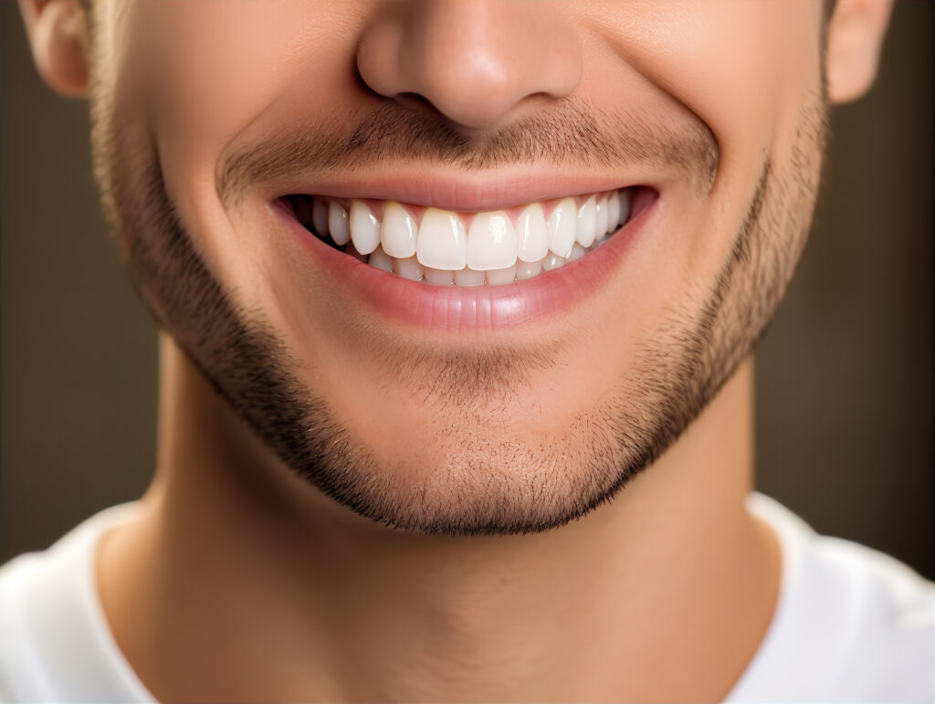 Young man with beautiful smile on grey background. Teeth whitening.